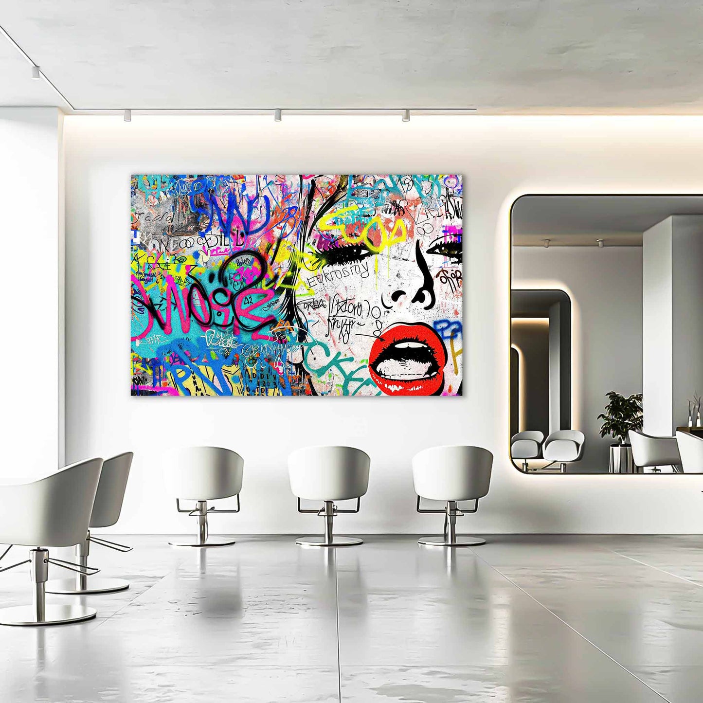 Chic Femme Graffiti Gaze: Salon mockup of pop art portrait of a woman against colorful graffiti, bold brush strokes, and ink splashes-Graphique Addictions.