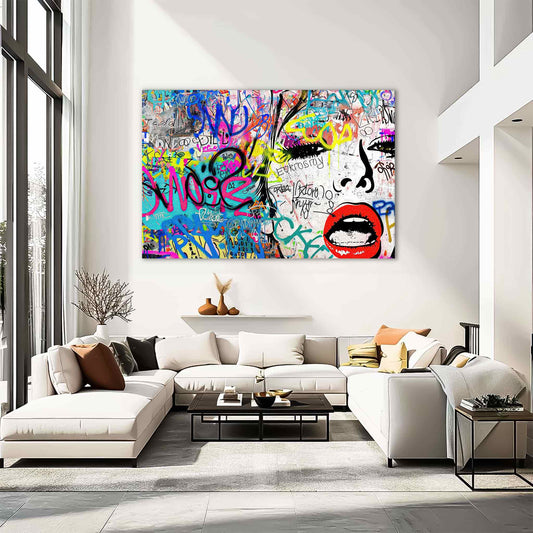 Chic Femme Graffiti Gaze: Living Room mockup of a pop art portrait of a woman against colorful graffiti, bold brush strokes, and ink splashes-Graphique Addictions.