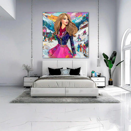bedroom wall art of long-haired fashion doll in an elegant winter outfit and colorful scarf, standing on snowy ski slopes with skiers and snowboarders in the background. Graphique Addictions-Chic Doll Winter Escape.