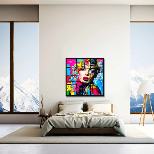 Chroma Blended Fusion: Bedroom mockup of an Abstract portrait of a woman surrounded by neon geometric shapes and glitch effects-Graphique Addictions.