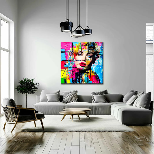 Chroma Blended Fusion: Living room mockup of Abstract portrait of a woman surrounded by neon geometric shapes and glitch effects-Graphique Addictions.