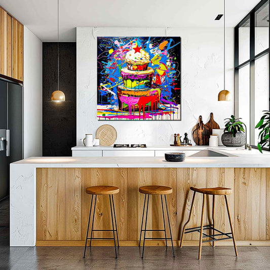 Chromatic Cake Confection: Kitchen mockup of multi-tiered birthday cake with colorful frosting dripping down its sides, neon paint splashes. Graphique Addictions.