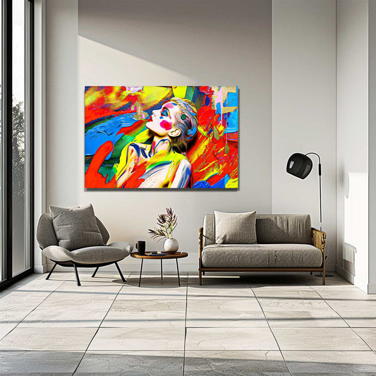 Aluminum print of a woman against a background of bold, abstract painted brushstrokes. Chromatic Liquid Elegance-Graphique Addictions.
