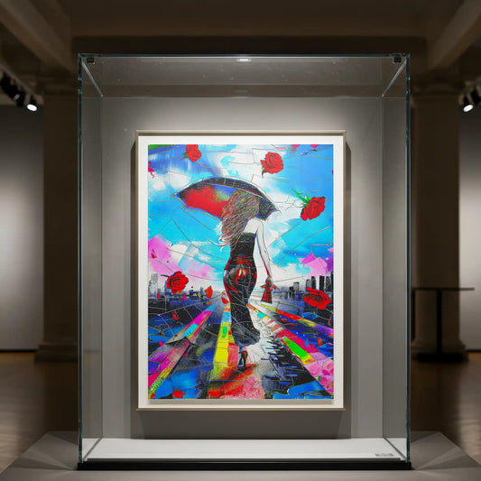 Art display of a woman in high heels, walking with an umbrella and red rose petals floating across a city skyline. City Streets in Bloom-Graphique Addictions.