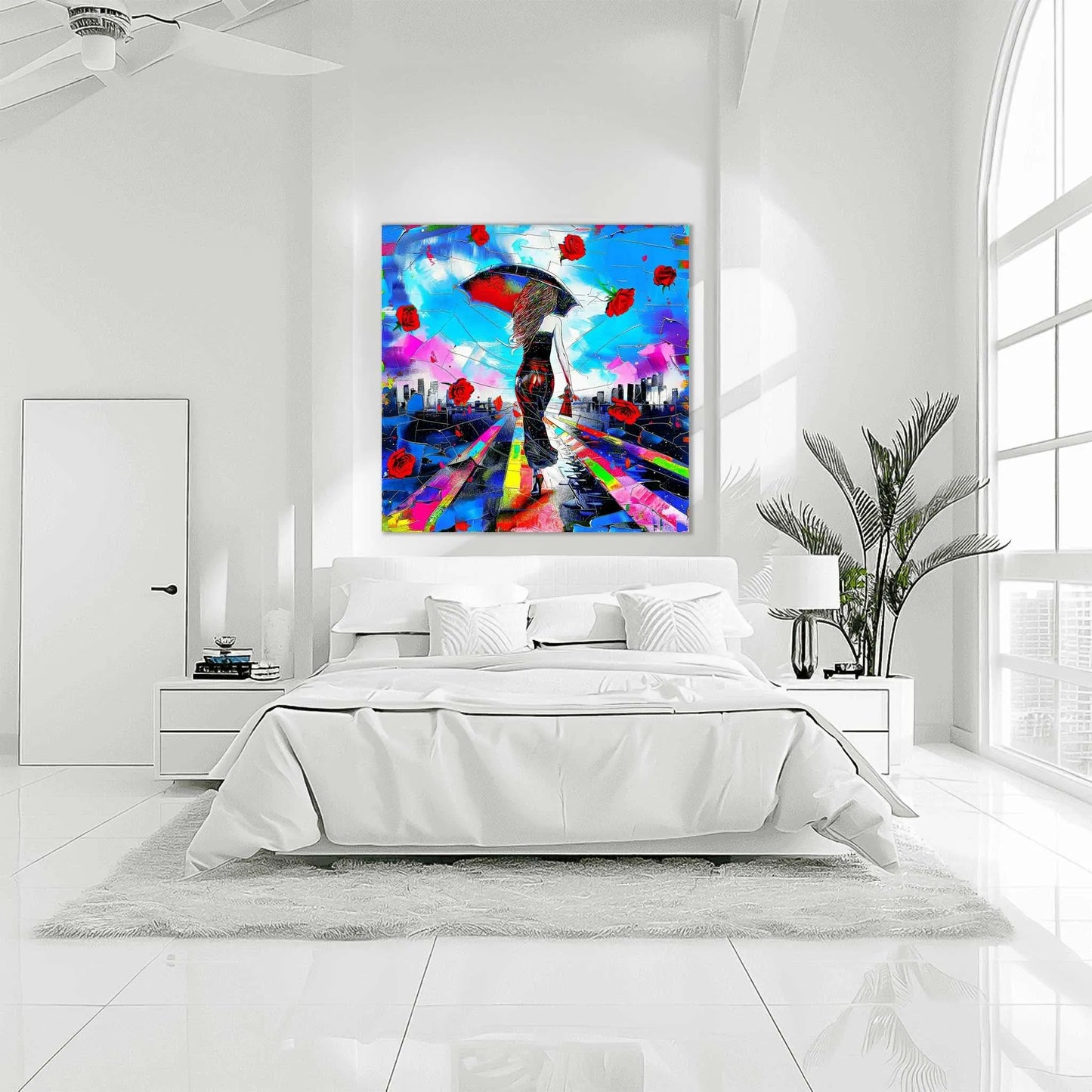 Bedroom mockup of a woman in high heels, walking with an umbrella and red rose petals floating across a city skyline. City Streets in Bloom-Graphique Addictions.