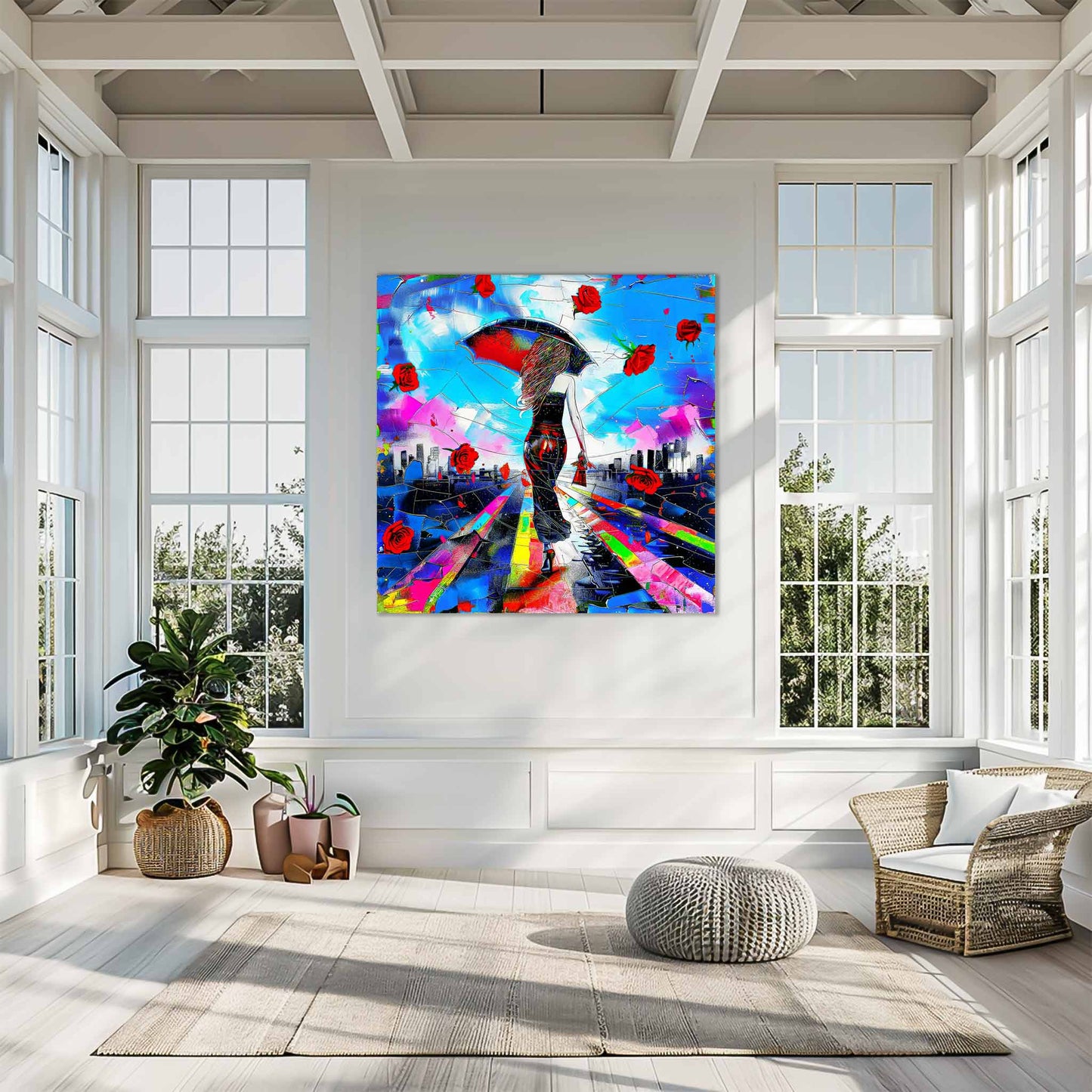Living room mockup of a woman in high heels, walking with an umbrella and red rose petals floating across a city skyline. City Streets in Bloom-Graphique Addictions.