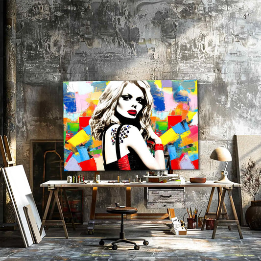 Art Studio mockup of Claudia Schiffer against a backdrop of multi-colored abstract geometric patterns wearing a black and red dress. Claudias Chromatic Cosmos-Graphique Addictions.