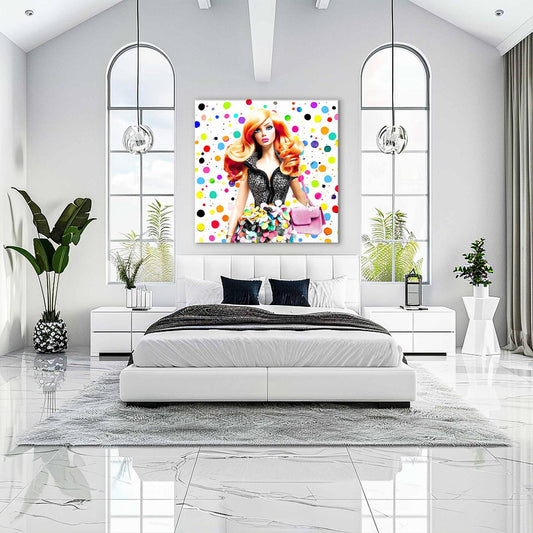 Bedroom wall artwork of a fashion doll with long red blonde hair, wearing a polka dot skirt and holding a pink purse against a white background with colorful polka dots. The piece is titled Dazzling Dots Doll-Graphique Addictions.