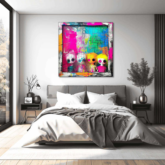 Bedroom wall art featuring kawaii dolls in a window with neon colors and paint splashes titled Dollhouse Surrealism-Graphique Addictions.