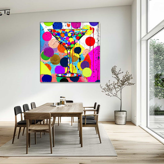 Dining room wall art of a multi-colored polka-dotted martini glass and colorful dots in the background. Titled: Dotted Martini Delight-Graphique Addictions.