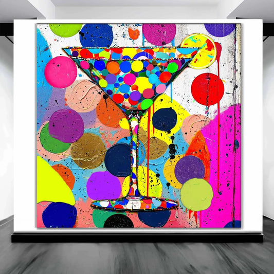 Art gallery mockup of a multi-colored polka-dotted martini glass and colorful dots in the background. Titled: Dotted Martini Delight-Graphique Addictions.