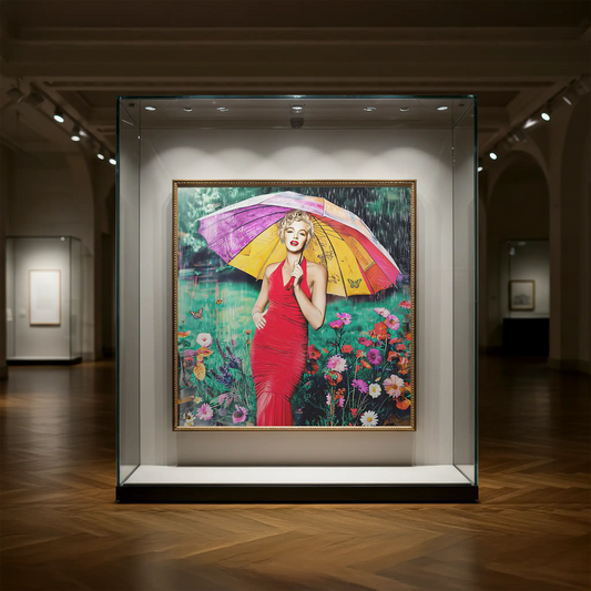 Glass art display of Marilyn Monroe in a red dress holding an umbrella in a colorful, rain-soaked garden with bright wildflowers-elegance-in-the-storm, Graphique Addictions