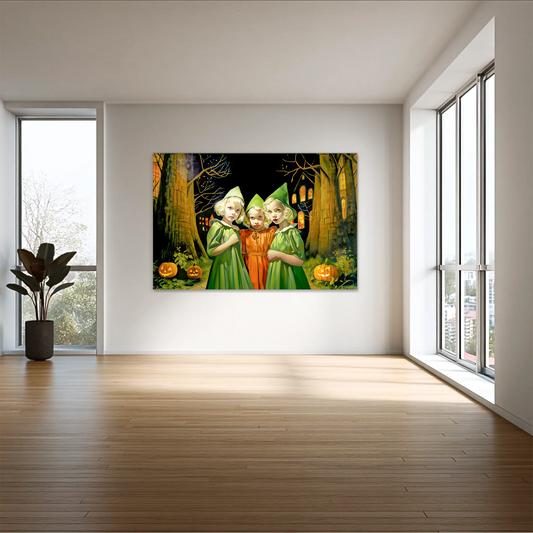 hallway painting of three children in green and orange witch costumes. Emerald and Saffron Witches-Graphqiue Addictions.
