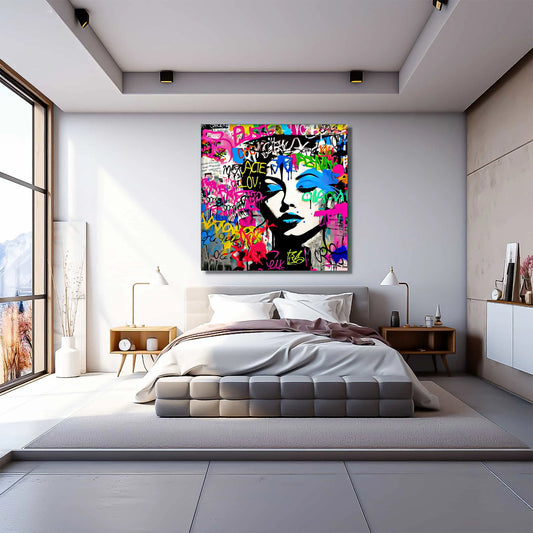 Bedroom wall decor of a close-up of a woman’s face with her eyes closed wearing blue lipstick and eyeshadow surrounded by colorful graffiti text. Fashionista Graffiti Bliss-Graphique Addictions.