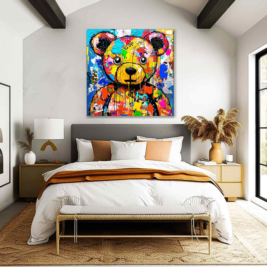 Teddy bear with multi-colored paint splashes, bedroom wall mockup. Fluffy Street Vogue-Graphique Addictions