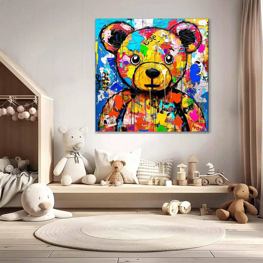 Teddy bear with multi-colored paint splashes, children's bedroom wall mockup. Fluffy Street Vogue-Graphique Addictions