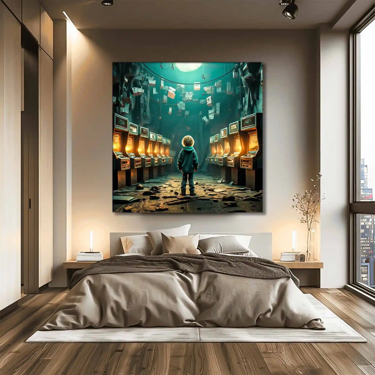 Bedroom wall mockup of little boy standing in an abandoned arcade with broken machines and scattered debris. Forgotten Arcade Room-Graphique Addictions.