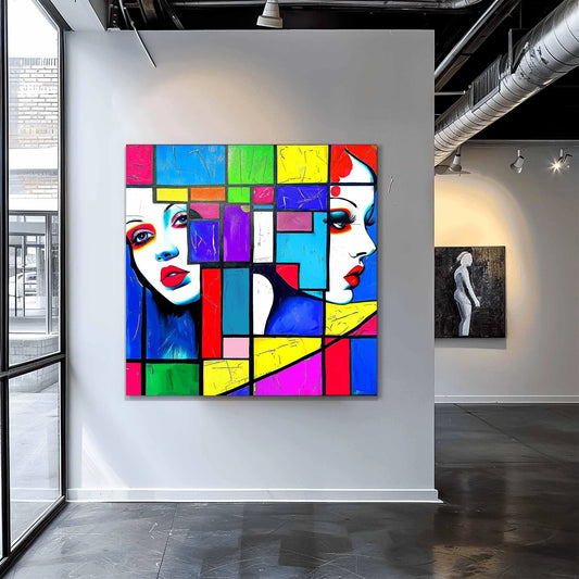 Abstract art gallery display of two women's faces, created with vibrant multi-colored geometric shapes. Geometric Cubism Chics-Graphique Addictions.