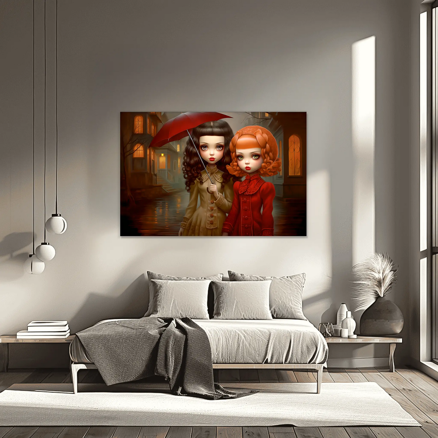 bedroom wall painting of Victorian-inspired dolls standing under the rain on a quiet, moonlit street holding an umbrella. Gothic Rain Dolls-Graphique Addictions.