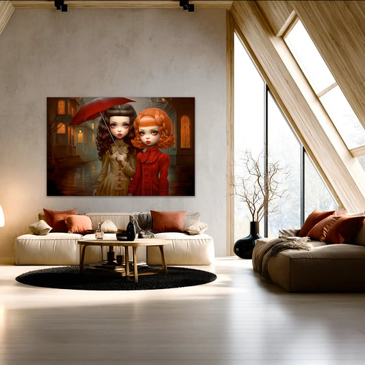 living room wall art of Victorian-inspired dolls standing under the rain on a quiet, moonlit street holding an umbrella. Gothic Rain Dolls-Graphique Addictions.