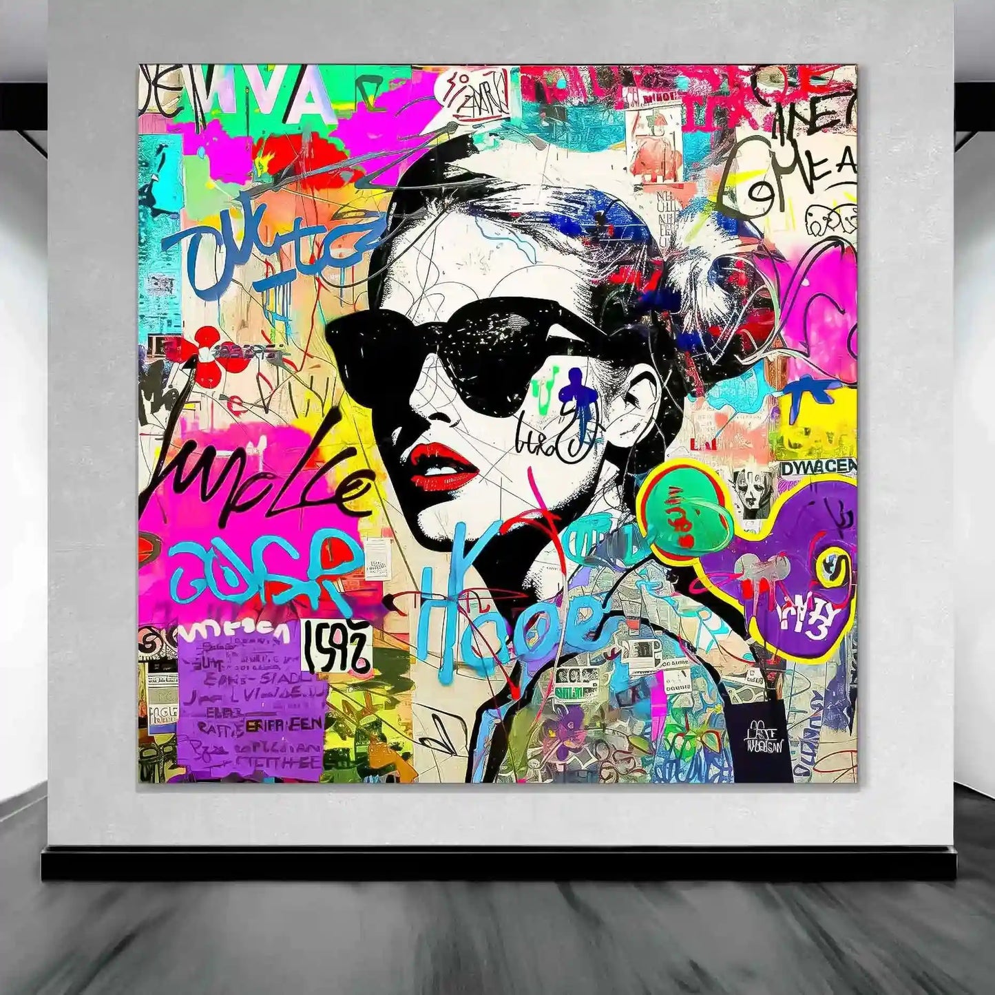Art display of woman wearing sunglasses with tattoos on her body and face. Surrounded by street-style stickers, labels, numbers, letters, and symbols in vibrant colors. Titled: Graffiti Chic Chronicles-Graphique Addictions.