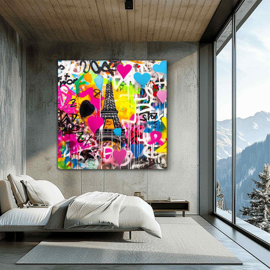 Bedroom wall decor of the Eiffel Tower with colorful splashes, drips, and bold hearts in bright pink, blue, yellow, orange, and black-and-white. Title: Graffiti Paris-Graphique Addictions.