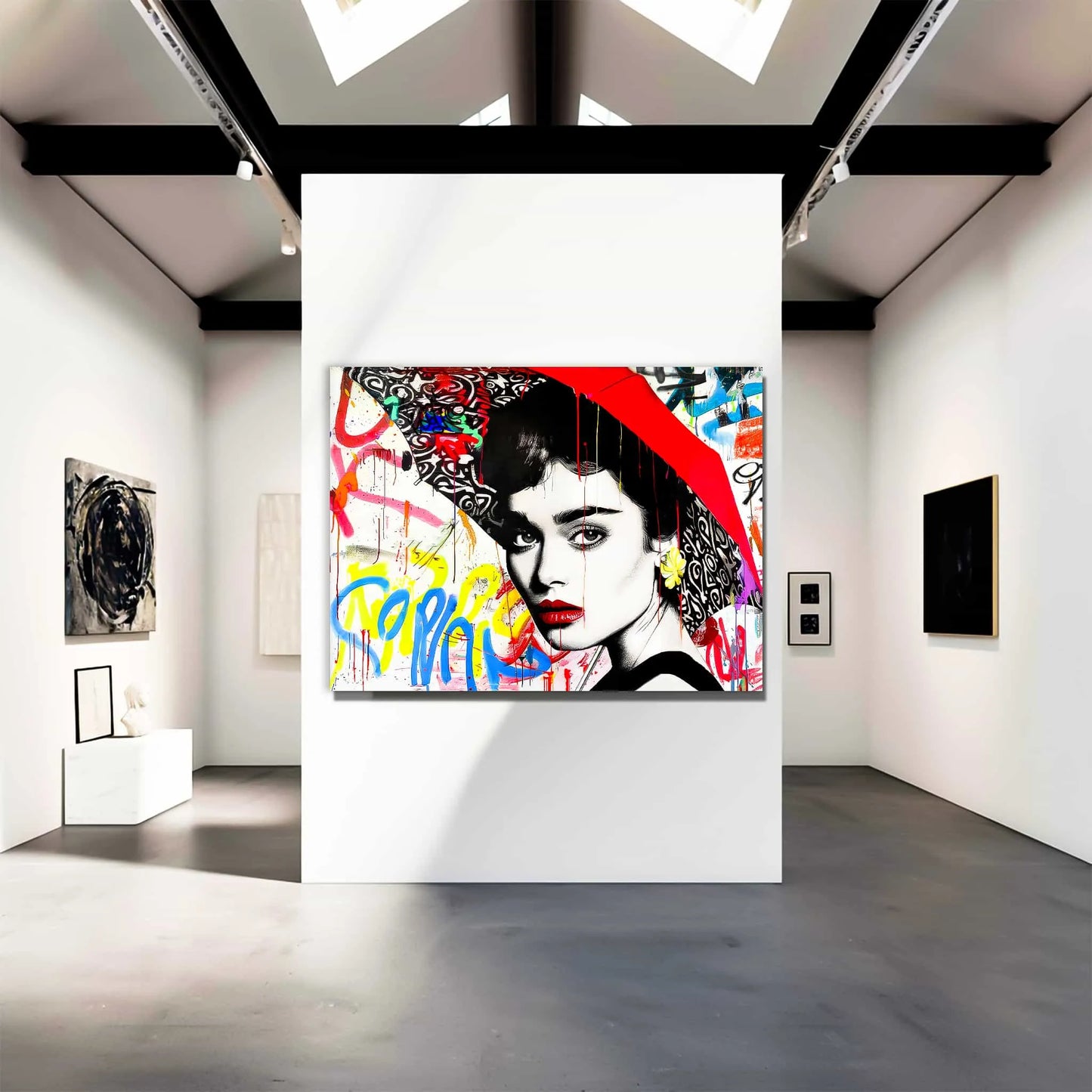 Art gallery display of Audrey Hepburn holding a red umbrella, white backdrop of yellow, blue, and red street-art. Graffiti Rainstorm-Graphique Addictions.