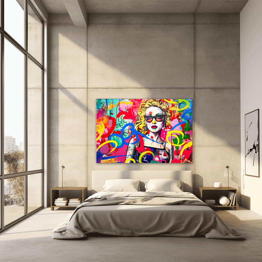 Bedroom wall art print of a blonde haired woman with tattoos wearing sunglasses, set against a vibrant graffiti backdrop. Title: Graffiti Tattooed Temptation-Graphique Addictions.