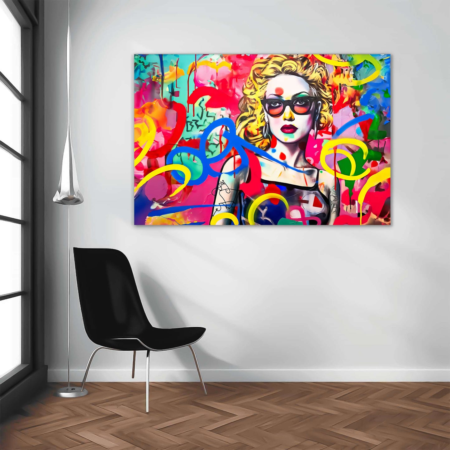 Living room wall art print of a blonde haired woman with tattoos wearing sunglasses, set against a vibrant graffiti backdrop. Title: Graffiti Tattooed Temptation-Graphique Addictions.