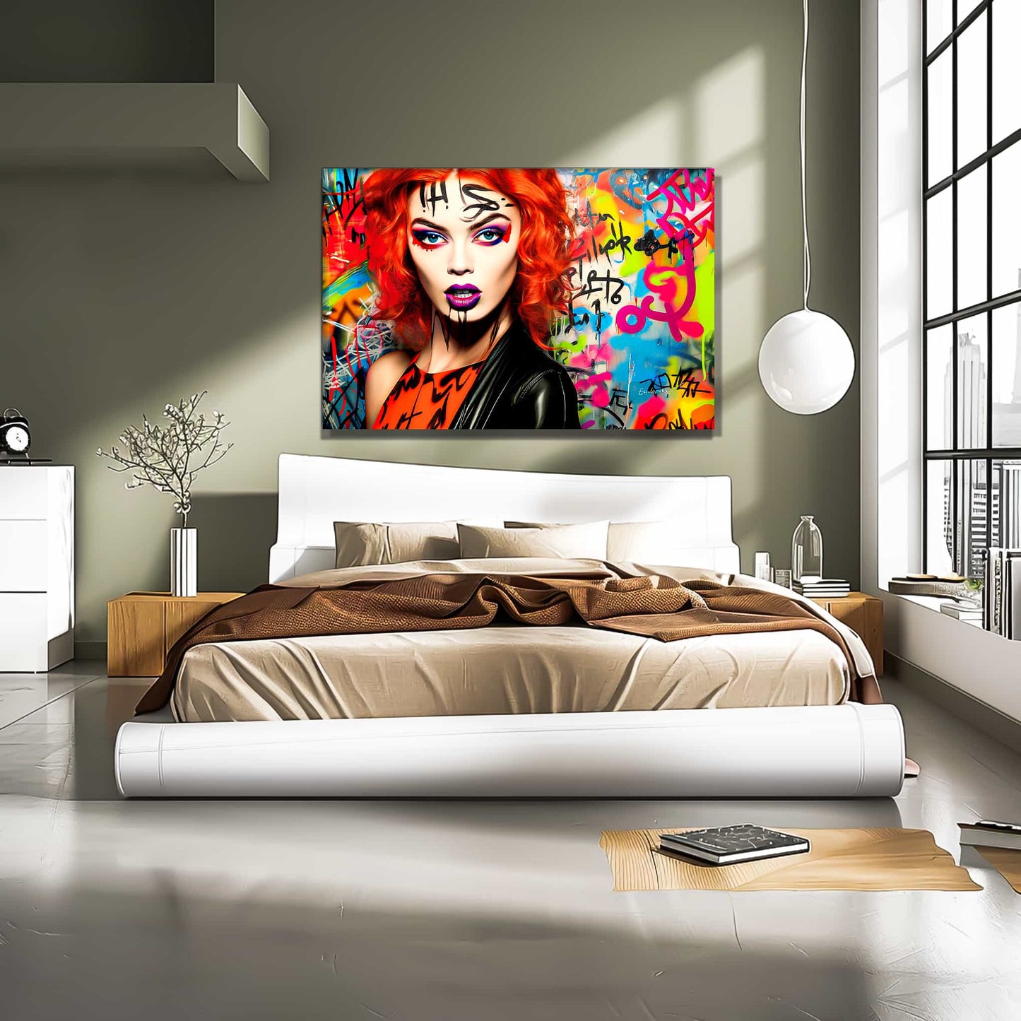 Bedroom wall art featuring a red-headed woman with bold gothic makeup, wearing a black leather jacket and an orange top, set against a colorful graffiti background. Graffiti Vixen-Graphique Addictions.