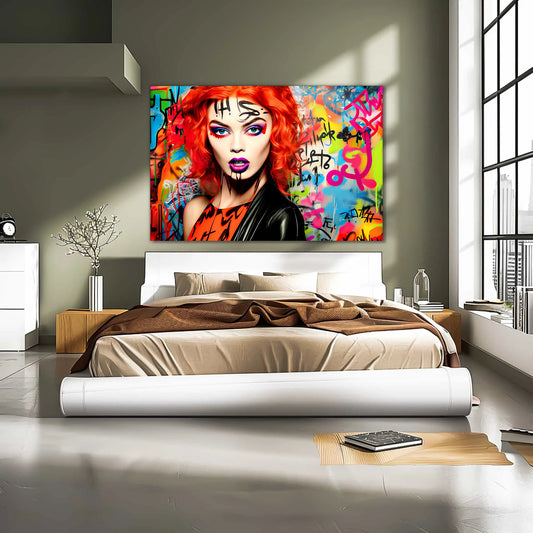 Bedroom wall art featuring a red-headed woman with bold gothic makeup, wearing a black leather jacket and an orange top, set against a colorful graffiti background. Graffiti Vixen-Graphique Addictions.