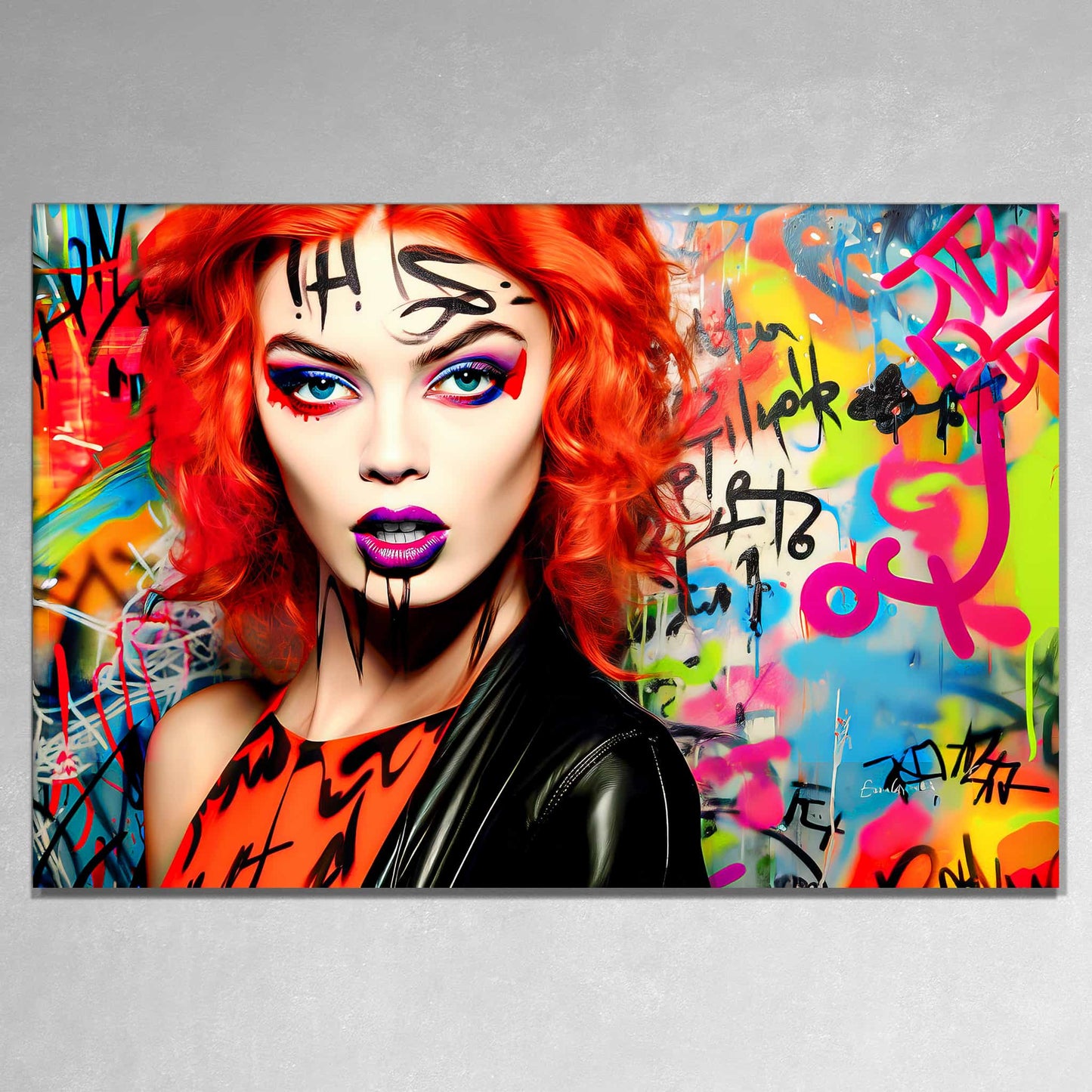 Art print featuring a red-headed woman with bold gothic makeup, wearing a black leather jacket and an orange top, set against a colorful graffiti background. Graffiti Vixen-Graphique Addictions.