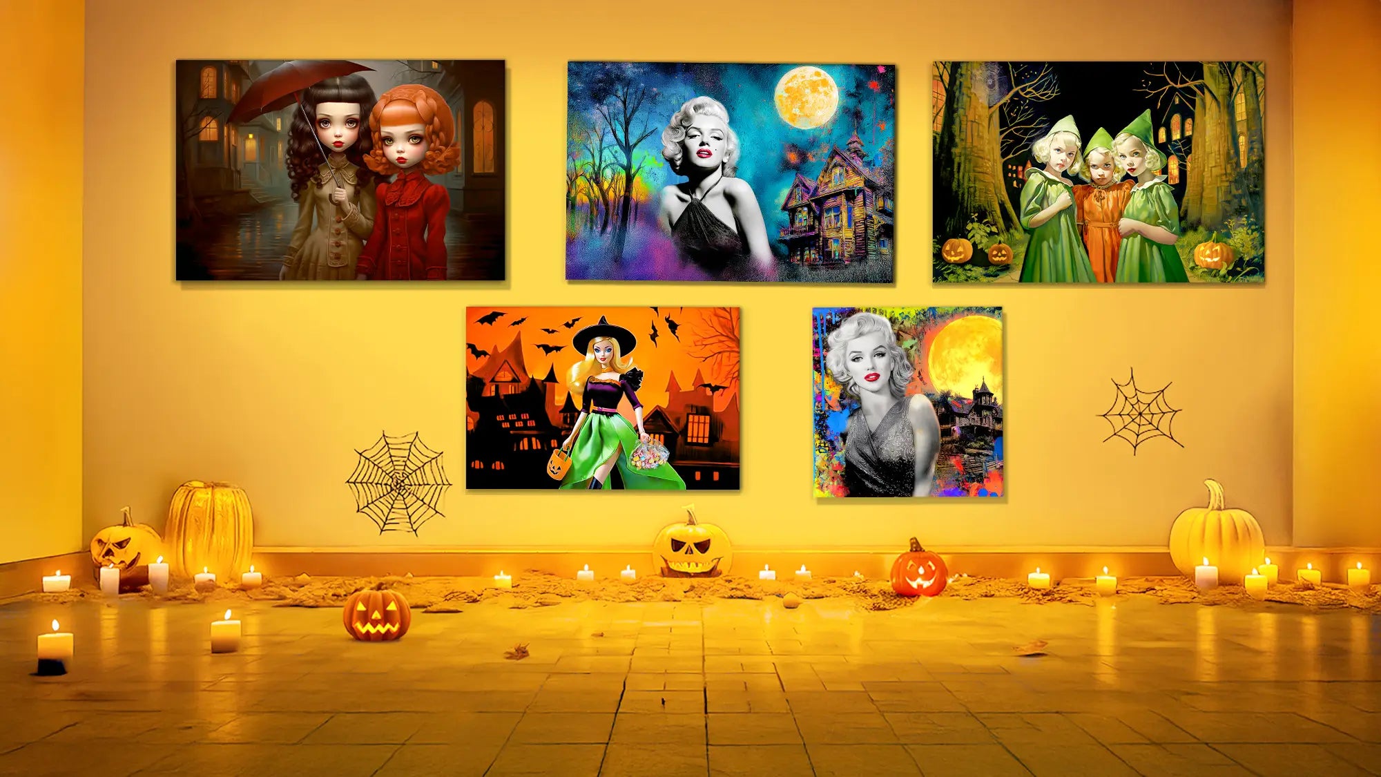 Graphique Addictions home page banner of Halloween-themed decorations with paintings on an orange wall, pumpkins, and candles.