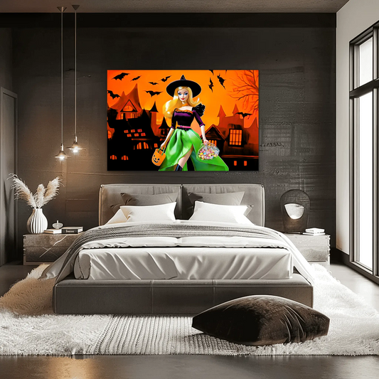 bedroom with a Halloween-themed painting of barbie dressed as a witch. Haunted Barbie Witch-Graphique Addictions.
