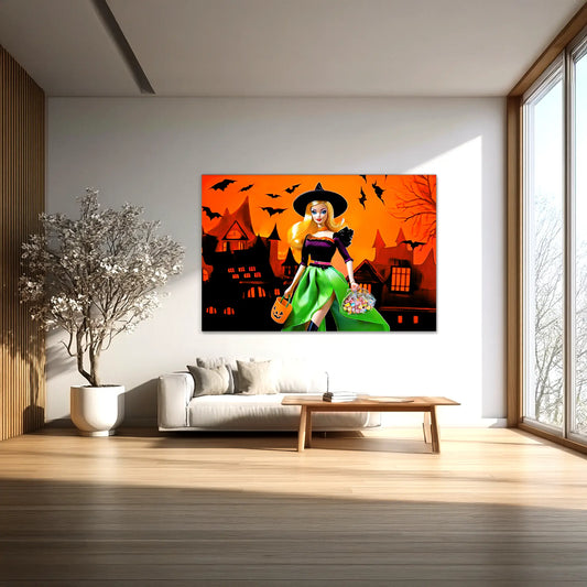 Living room with a Halloween-themed painting of barbie dressed as a witch. Haunted Barbie Witch-Graphique Addictions.