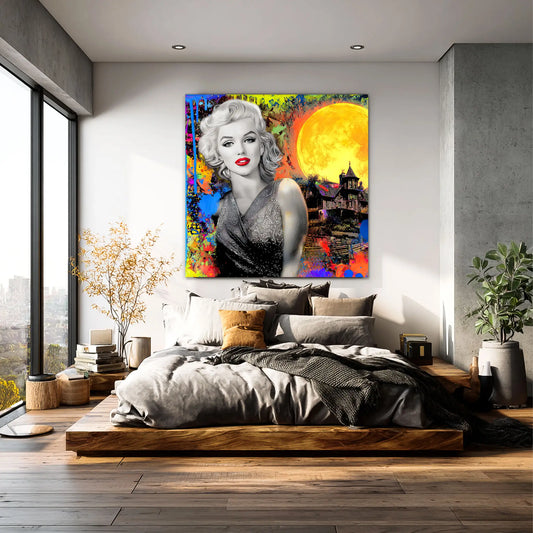 colorful bedroom painting of marilyn monroe with paint splashes and a moon and haunted house behind her. Haunted Moonlight Vixen-Graphique Addictions.