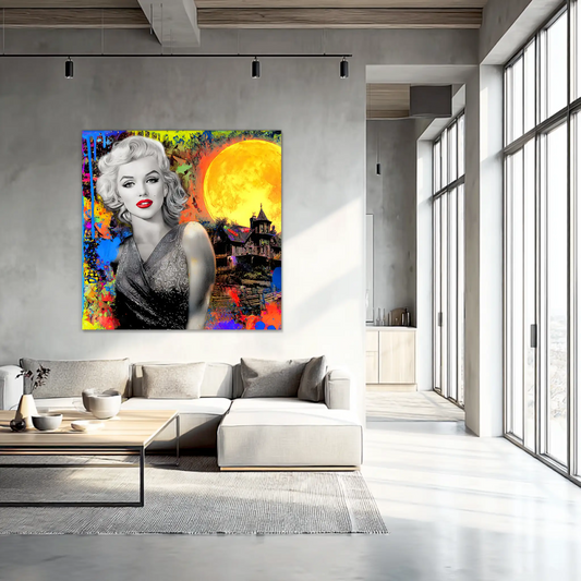 living room wall painting of marilyn monroe with paint splashes and a moon and haunted house behind her. Haunted Moonlight Vixen-Graphique Addictions.