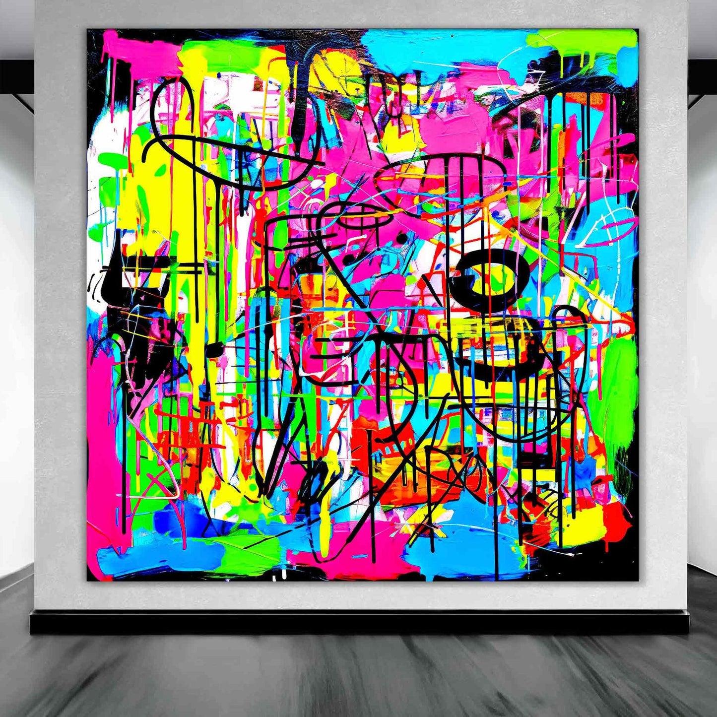 Art gallery display of abstract painting of bold, neon colors in pink, blue, green, yellow, orange, black, and white, graffiti-style brushstrokes and splashes. Liquid Chaos-Graphique Addictions.