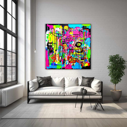 Living room mockup of abstract painting of bold, neon colors in pink, blue, green, yellow, orange, black, and white, graffiti-style brushstrokes and splashes. Liquid Chaos-Graphique Addictions.