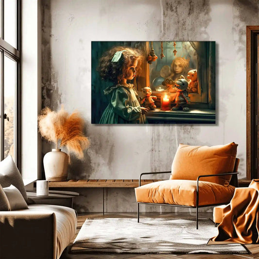 Living room wall decor of a young girl reflected in an antique mirror. Little girls mirror of shadows-Graphique Addictions.