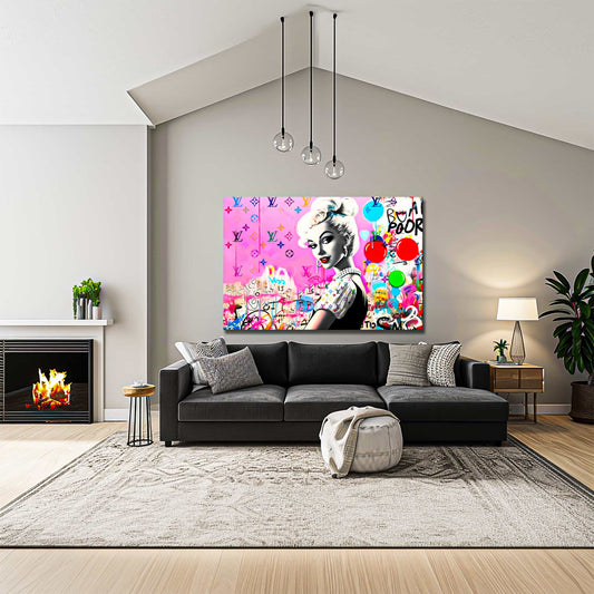 Living room mockup of a barbie inspired doll wearing a black dress with white ruffles against a bubblegum pink backdrop of colorful LV monograms and graffiti and balloons. Luxe Pink Vuitton-Graphique Addictions.