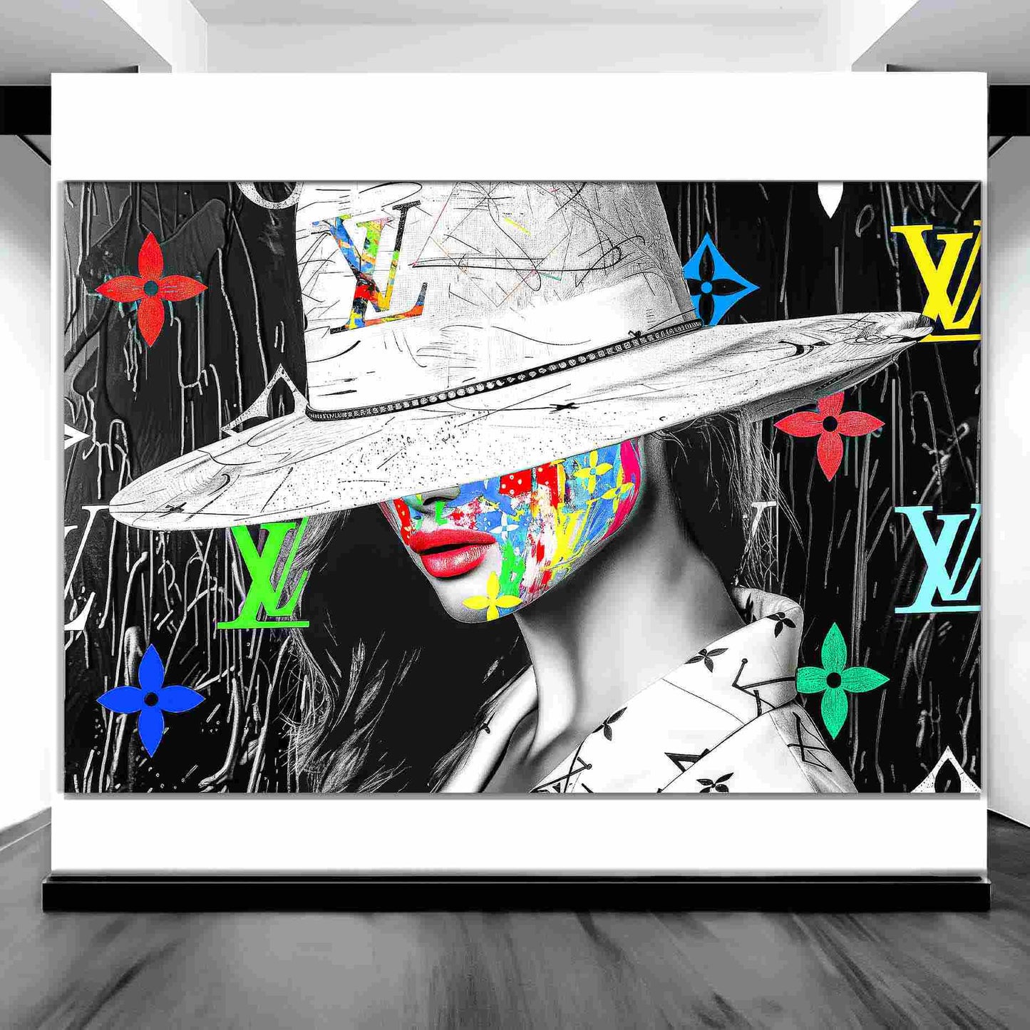 Art gallery display of a woman with colorful graffiti on her face, wearing a wide-brimmed white hat and Louis Vuitton logos in background. Luxury meets graffiti, graphique addictions.