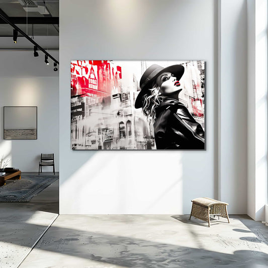 Madonna wearing a black hat, red lipstick, and a leather jacket against a backdrop of New York City buildings hallway wall mockup. Madonna in Noir-Graphique Addictions