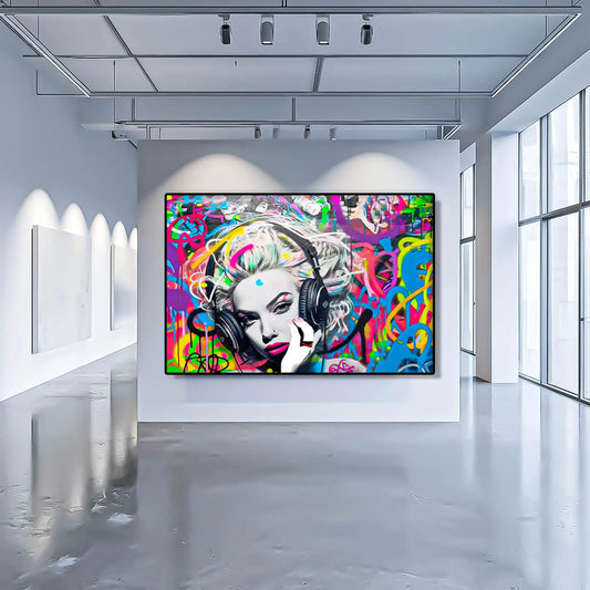 Art Gallery display of Madonna wearing headphones against a backdrop of neon-colored graffiti swirls. Madonna's Street Beats-Graphique Addictions.