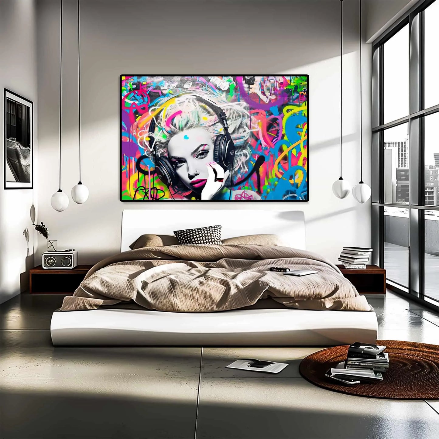 Bedroom wall decor of Madonna wearing headphones against a backdrop of neon-colored graffiti swirls. Madonna's Street Beats-Graphique Addictions.