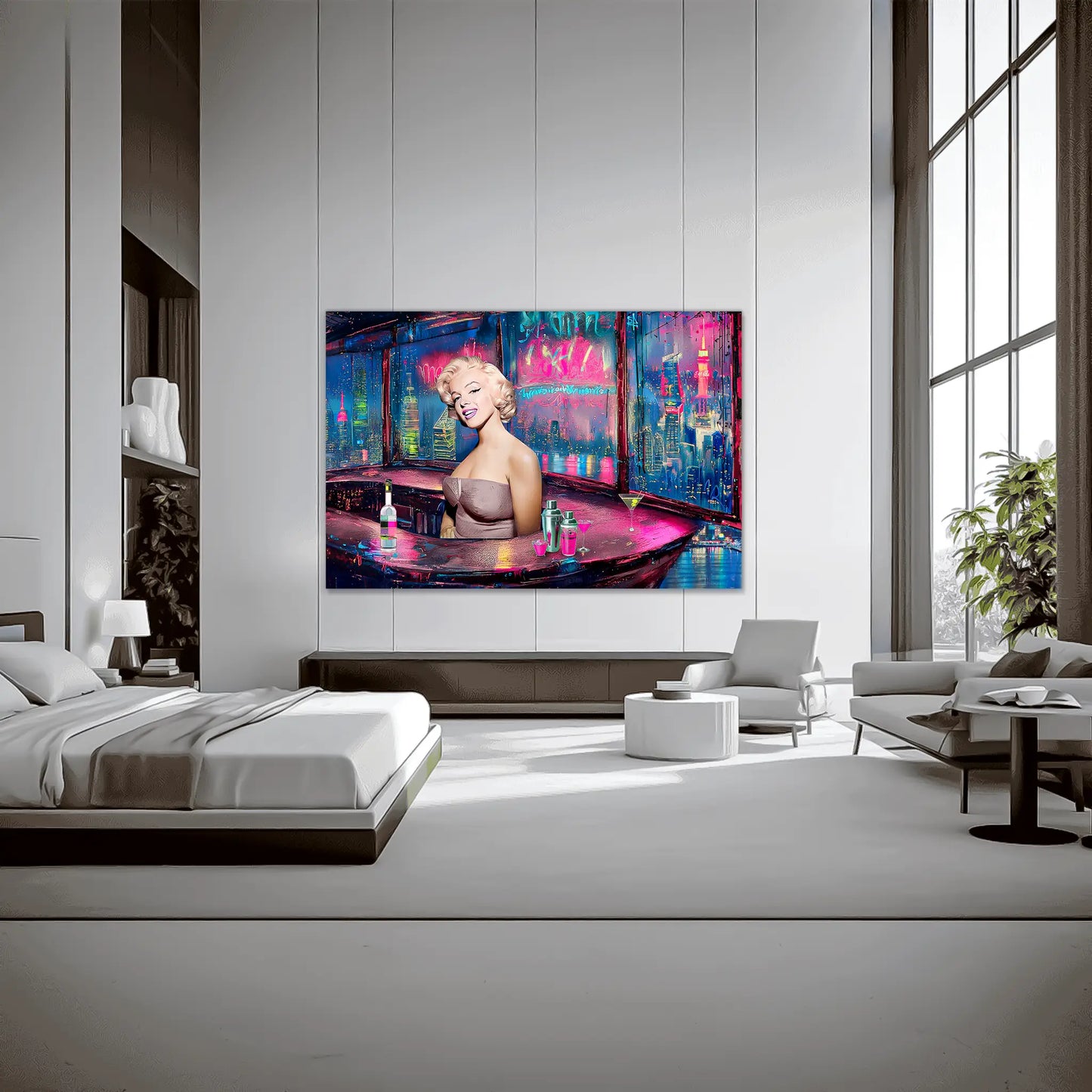 marilyn monroe bartending in a cityscape rooftop bar in a modern bedroom mockup. Marilyn Cyberpunk Rooftop Bar-Graphique Addictions.