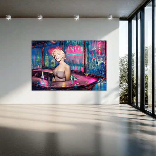 marilyn monroe bartending in a cityscape rooftop bar in a modern room mockup. Marilyn Cyberpunk Rooftop Bar-Graphique Addictions.