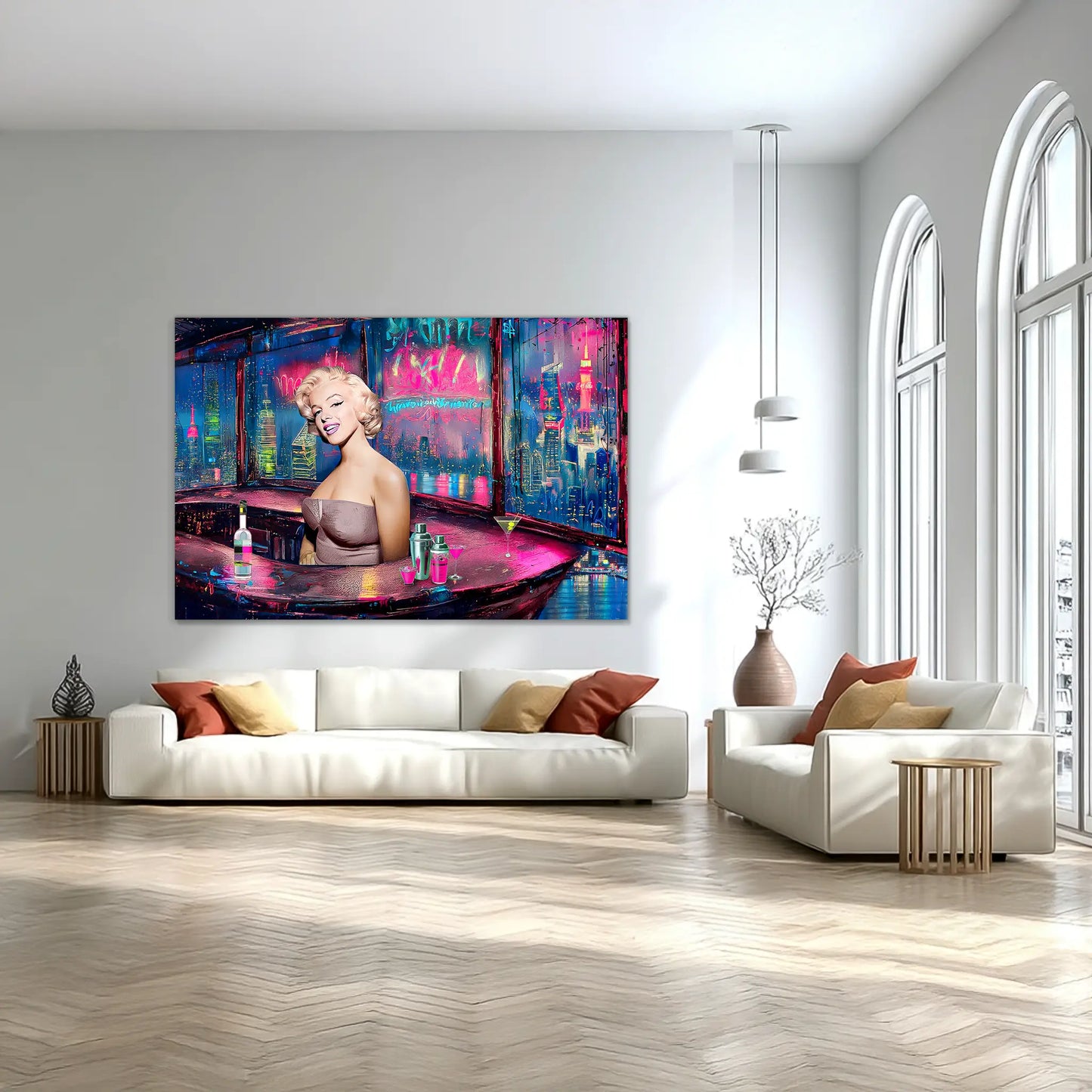 marilyn monroe bartending in a cityscape rooftop bar in a modern living room mockup. Marilyn Cyberpunk Rooftop Bar-Graphique Addictions.