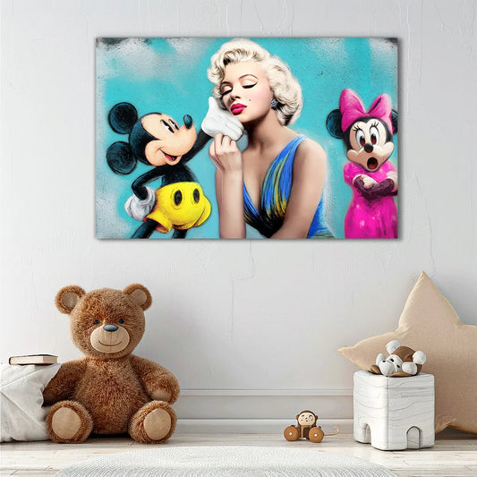 children's room wall art mockup of marilyn monroe kissing micky mouse's hand and minnie mouse in the background with her mouth open in shock against a blue background. Graphique Addictions
