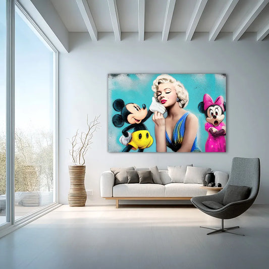 living room wall art mockup of marilyn monroe kissing micky mouse's hand and minnie mouse in the background with her mouth open in shock against a blue background. Graphique Addictions
